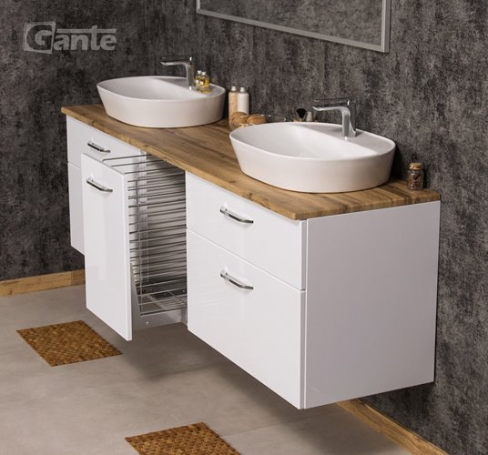 Szafka łazienkowa wisząca z dwiema umywalkami nablatowymi i koszem 200 cm SETTO MODULO kolor biały połysk