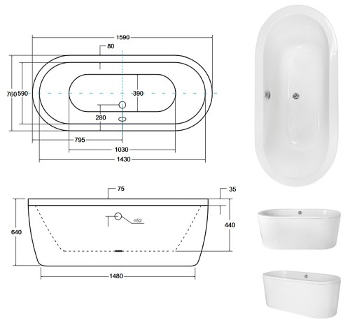 Wanna wolnostojąca Victoria 160 cm syfon biały Besco