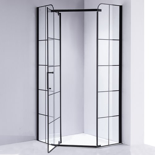 Czarna kabina prysznicowa pięciokątna 90x90 drzwi uchylne szprosy BS06B
