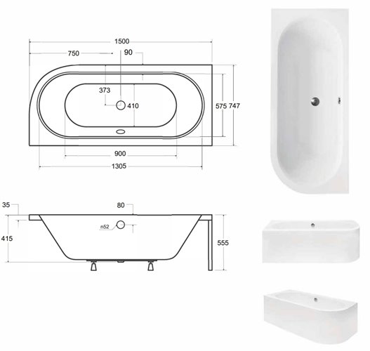 Czarno-biała ryflowana wanna asymetryczna akrylowa z obudową Avita Besco 150 cm Lewa