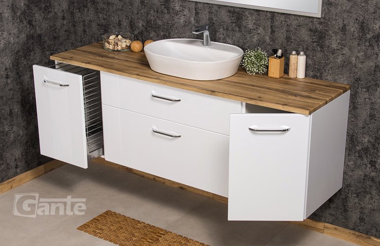 Szafka łazienkowa wisząca z umywalką nablatową i koszem 180 cm SETTO MODULO kolor biały połysk