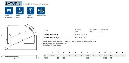 Brodzik asymetryczny 120x90 Saturn Besco