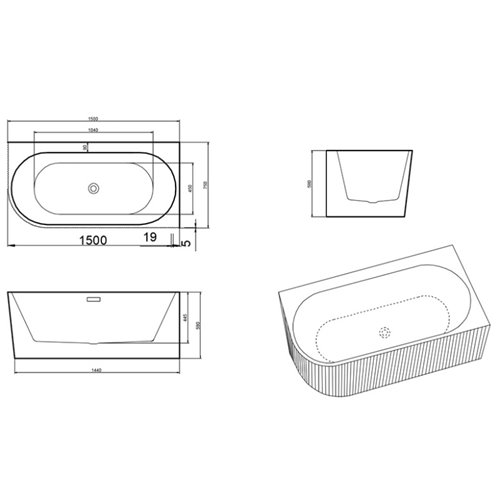 Wanna ryflowana przyścienna narożna prawa korek oraz przelew złoty szczotkowany 150 cm Rio Hydrosan