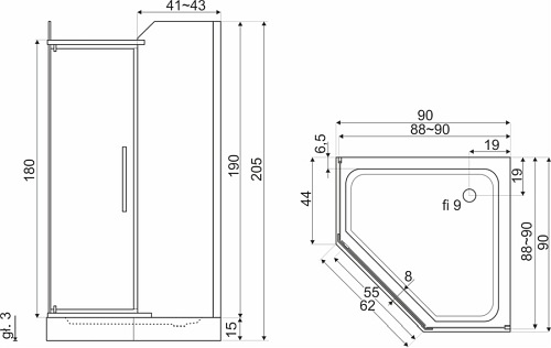 Kabina prysznicowa pięciokątna 90x90 Prato Kerra