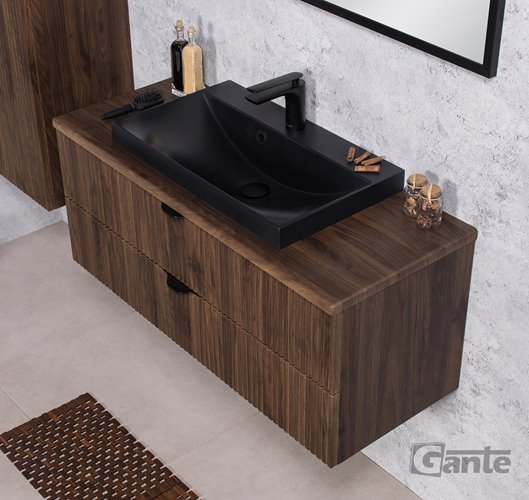 Szafka łazienkowa z lamelami wisząca z czarną umywalką nablatową 100 cm 39/2 Victa Lamello kolor orzech