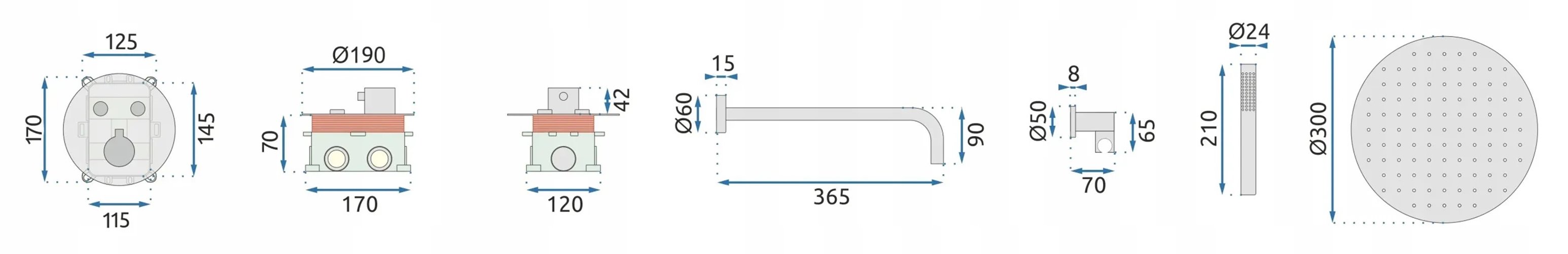 Złoty zestaw prysznicowy podtynkowy z termostatem Lungo Rea Gold