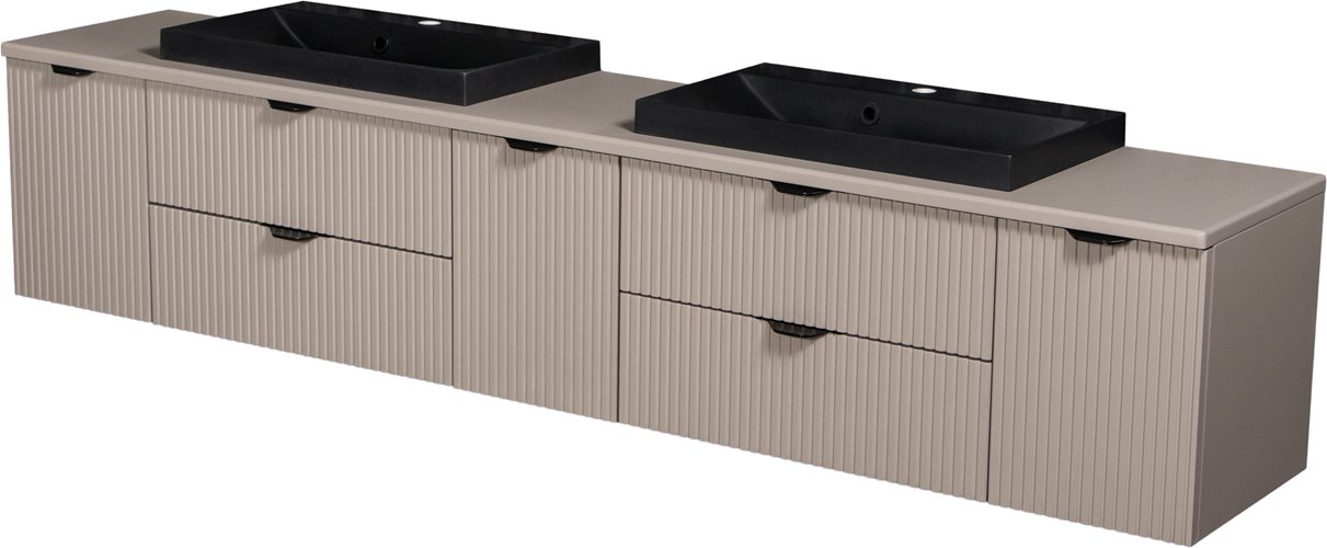 Szafka łazienkowa z lamelami wisząca z czarnymi nablatowymi umywalkami 210 cm 39/2 Victa Lamello kolor fume mat