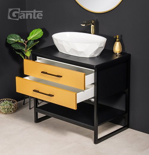 Szafka stojąca z białą umywalką kolor czarno złoty loft 80 cm seria New York