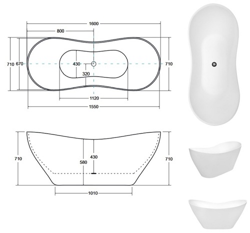 Wanna wolnostojąca z konglomeratu 160 cm + klik-klak chrom Viya Besco