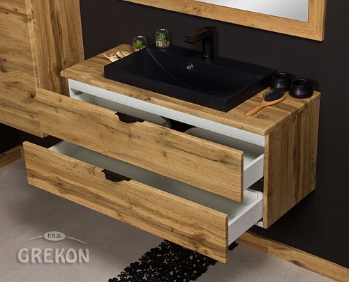 Szafka łazienkowa wisząca z czarną umywalką nablatową dąb naturalny 100 cm Victa Gante