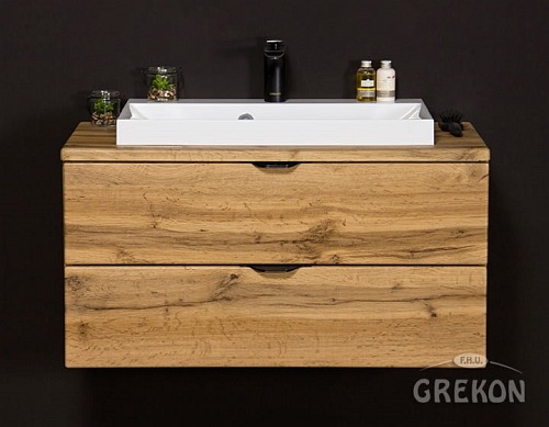 Szafka łazienkowa wisząca z umywalką nablatową dąb naturalny 80 cm Victa Gante