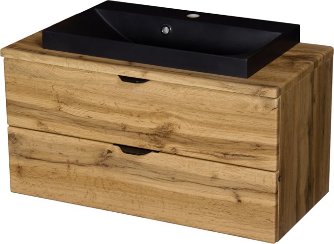 Szafka łazienkowa wisząca z czarną umywalką nablatową dąb naturalny 80 cm Victa Gante