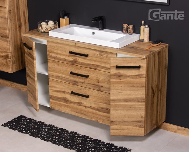 Szafka wisząca z białą umywalką nablatową 140 cm 39/3 kolor dąb naturalny seria Fokus Loft Gante