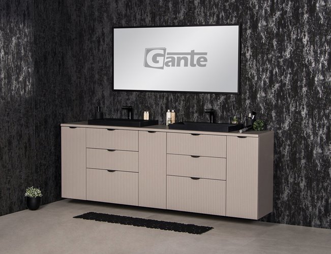 Szafka łazienkowa z lamelami wisząca z czarnymi nablatowymi umywalkami 210 cm 39/3 Victa Lamello kolor fume mat