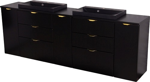 Czarna matowa szafka łazienkowa z dwiema czarnymi umywalkami 210 cm Liv 2 Victa