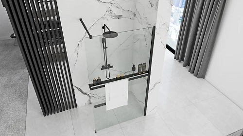 Czarna ścianka prysznicowa z półką i wieszakiem 110 cm Aero Black Evo Rea