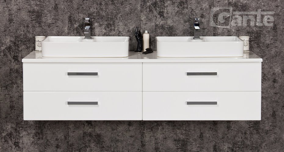 Szafka wisząca z dwiema umywalkami 160/50 cm blat biały seria Fokus B