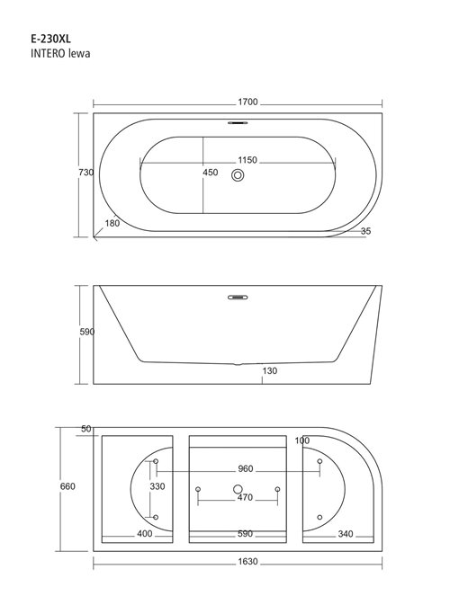 Wanna narożna przyścienna 170 cm Intero Corsan Lewa korek klik-klak chrom