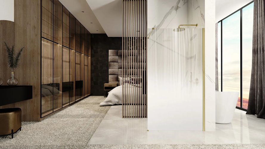 Złota szczotkowana ścianka prysznicowa 100 cm biała szyba Aero Ombre Rea