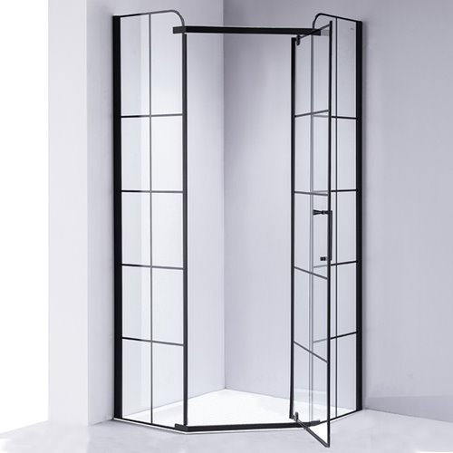 Czarna kabina prysznicowa pięciokątna 90x90 drzwi uchylne szprosy BS06B