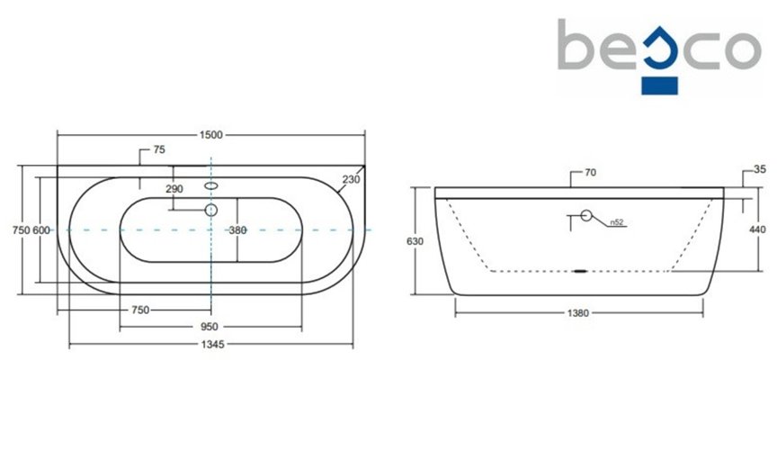 Wanna wolnostojąca przyścienna + klik-klak biały Volya Besco 150 cm WKV-150-WS