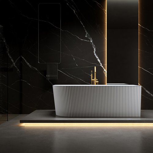 Wanna ryflowana przyścienna narożna prawa korek oraz przelew złoty szczotkowany 160 cm Rio Hydrosan