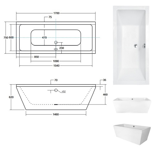 Wanna wolnostojąca prostokątna syfon czarny Vera 170 Besco