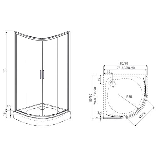 Czarna kabina prysznicowa półokrągła z brodzikiem 90x90 RS Solid Kerra