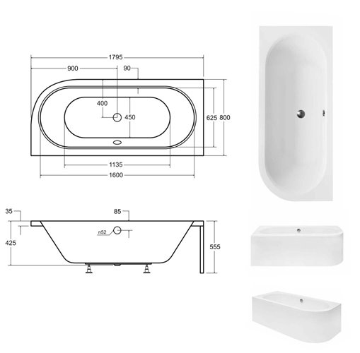 Biała ryflowana wanna asymetryczna akrylowa z obudową Avita Besco 180 cm Lewa