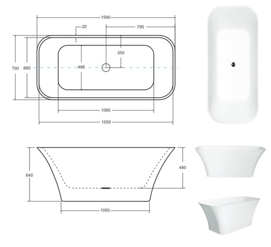 Czarno-biała matowa wanna wolnostojąca z konglomeratu + klik-klak biały 160 cm Assos Matt B&W Besco WMMC-160A