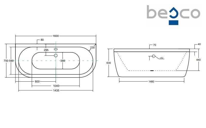 Wanna wolnostojąca przyścienna + klik-klak złoty Volya Besco 160 cm WKV-160-WZL