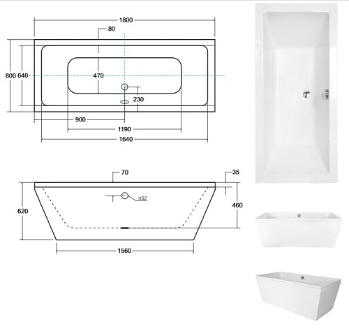 Wanna wolnostojąca prostokątna syfon biały Vera 180 Besco