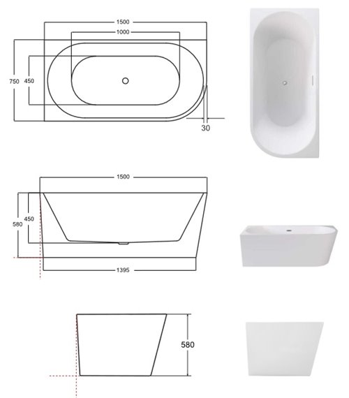 Wanna przyścienna czarno-biała narożna lewa syfon z przelewem biały 150 cm Zoya B&W Besco WAS-150ZBLB