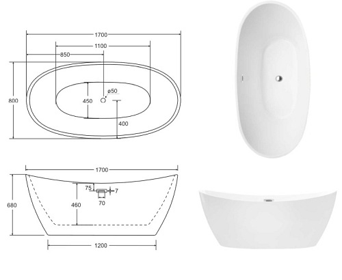 Wanna wolnostojąca korek klik-klak gunmetal 170 cm Ayla Besco