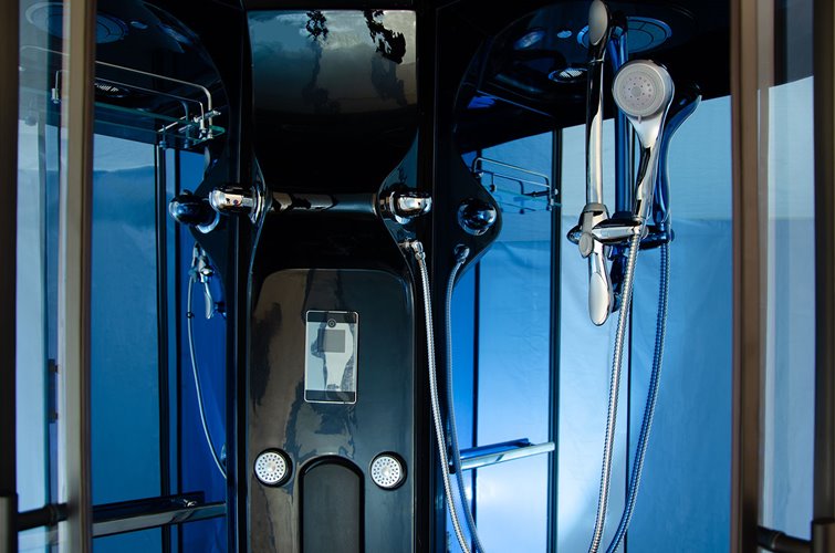 Czarna kabina prysznicowa z hydromasażem i sauną parową zabudowana 120x85 MO-02188BPS prawa