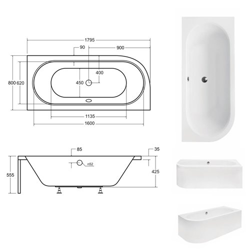 Biała ryflowana wanna asymetryczna akrylowa z obudową Avita Besco 180 cm Prawa