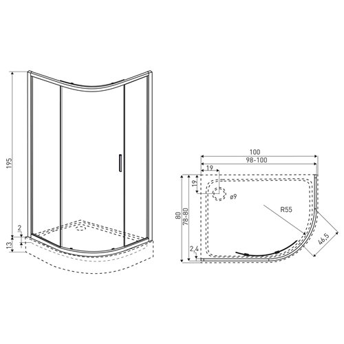 Kabina prysznicowa asymetrczyna z brodzikiem lewa 100x80 Solid RPA Kerra