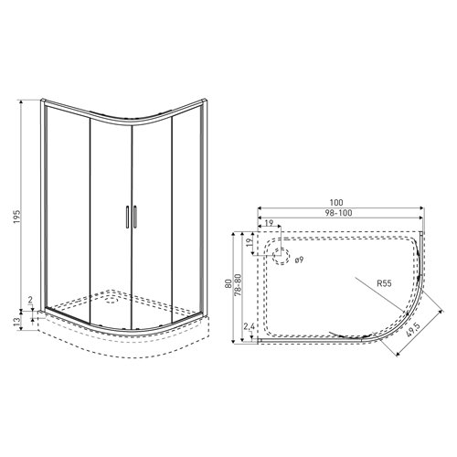 Kabina prysznicowa asymetrczyna z brodzikiem lewa 100x80 Solid RA BL Kerra