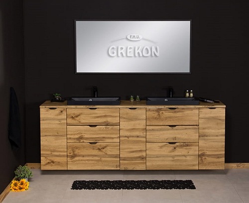 Szafka łazienkowa z czarnymi umywalkami nablatowymi dąb naturalny 210 cm Victa Gante