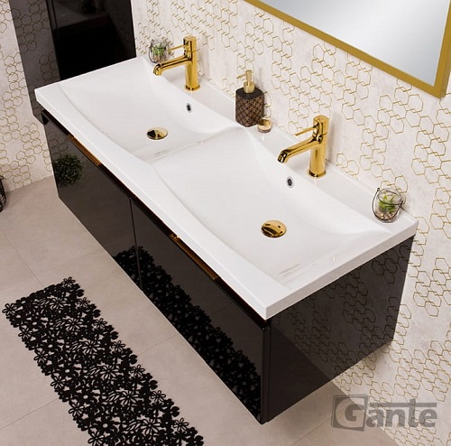 Czarna szafka z podwójną umywalką złoty uchwyt 120 cm seria Diamond Gold Gante C