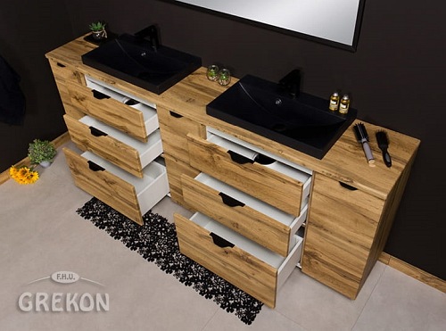 Szafka łazienkowa z czarnymi umywalkami nablatowymi dąb naturalny 210 cm Victa Gante