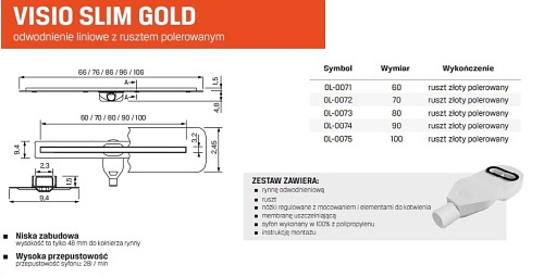 Visio Slim Gold New Trendy złoty odpływ liniowy 70 cm OL-0072 ruszt złoty polerowany