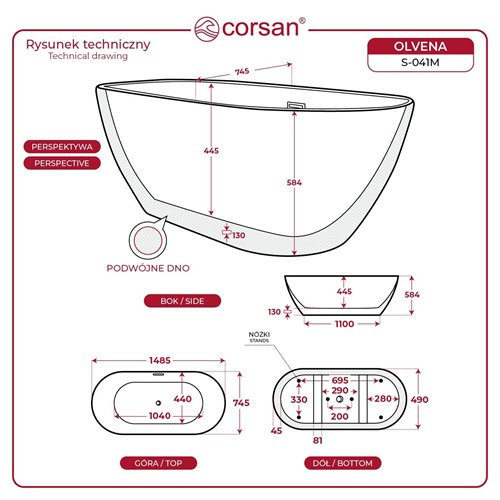 Wanna akrylowa, wolnostojąca Olvena Corsan 150 cm korek klik-klak chrom