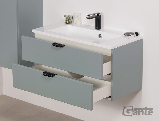 Miętowa szafka łazienkowa wisząca z umywalką czarny uchwyt 80 cm Magnolia