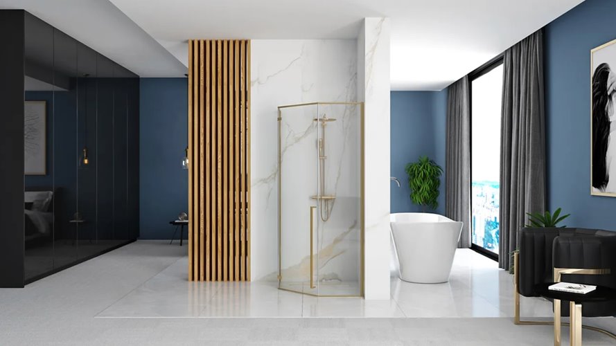 Złota szczotkowana kabina prysznicowa pięciokątna 90x90 Diamond Rea