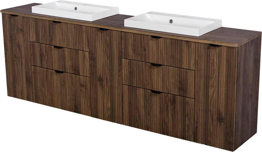 Szafka łazienkowa z lamelami wisząca z dwiema umywalkami nablatowymi 210 cm 39/3 Victa Lamello kolor orzech