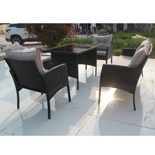 Zestaw mebli ogrodowych z technorattanu sofa, stół, krzesła, pufy Manas