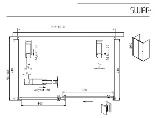 Kabina prostokątna trójścienna 100X80 Kassari Lewa