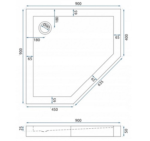 Czarny brodzik pięciokątny 90x90 Diamond Rea