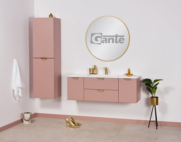 Szafka łazienkowa pudrowy róż z umywalką złoty uchwyt 120 cm Magnolia Gante